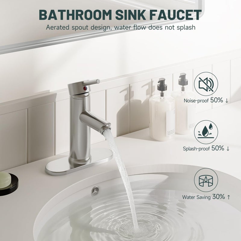 Green Spring Brushed Nickel Bathroom Faucet, Greenspring 1 Hole Bathroom Sink Faucet, Single Handle Aerator Spout Lavatory Vanity Sink Faucet with Pop Up Drain and Overflow Mixer Tap Supply Line, Brass - Image 3